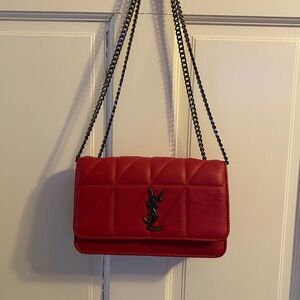 Red leather purse, nickel color hardware